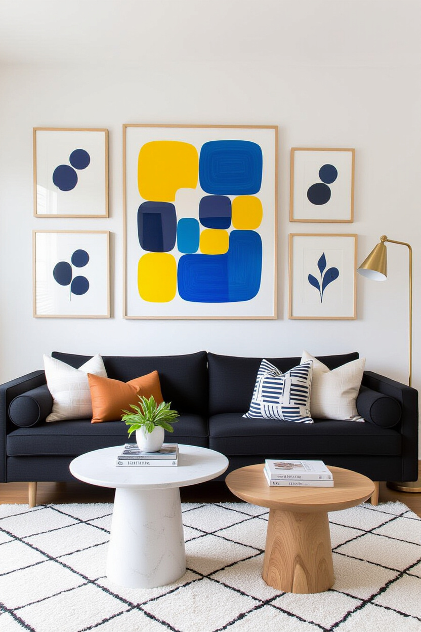 A gallery wall of framed art with light-colored mats and frames (white and light wood) arranged abov