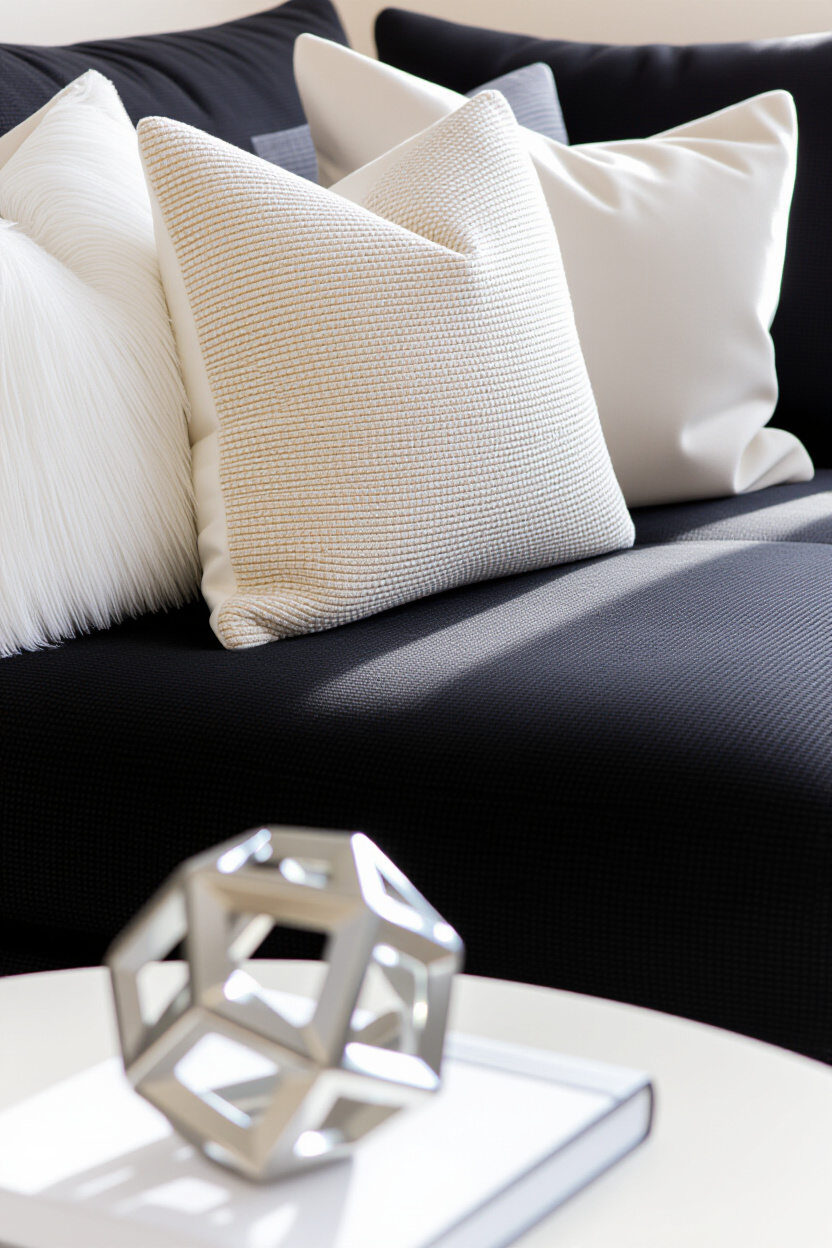 A close-up of a black sofa with light-colored, textured throw pillows and a metallic accent object (
