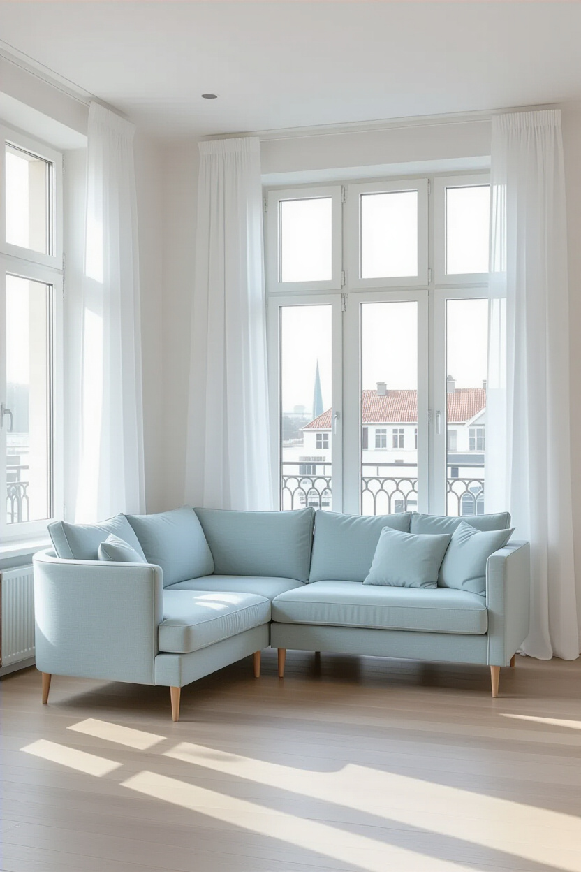 Architectural photography of an empty living room, showcasing a pale sky blue sofa. The room has lar