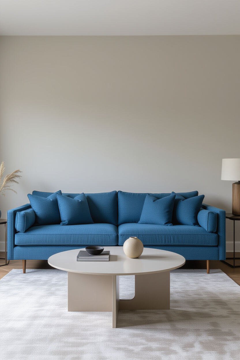 Architectural photography of an empty living room, featuring a medium denim blue sofa. The room has