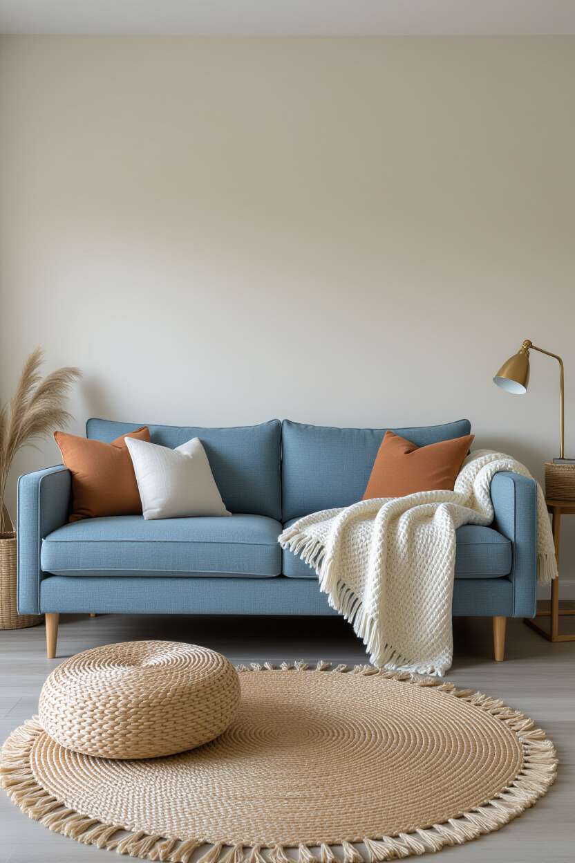 Architectural photography of an empty living room, focusing on the textures around a medium blue sof