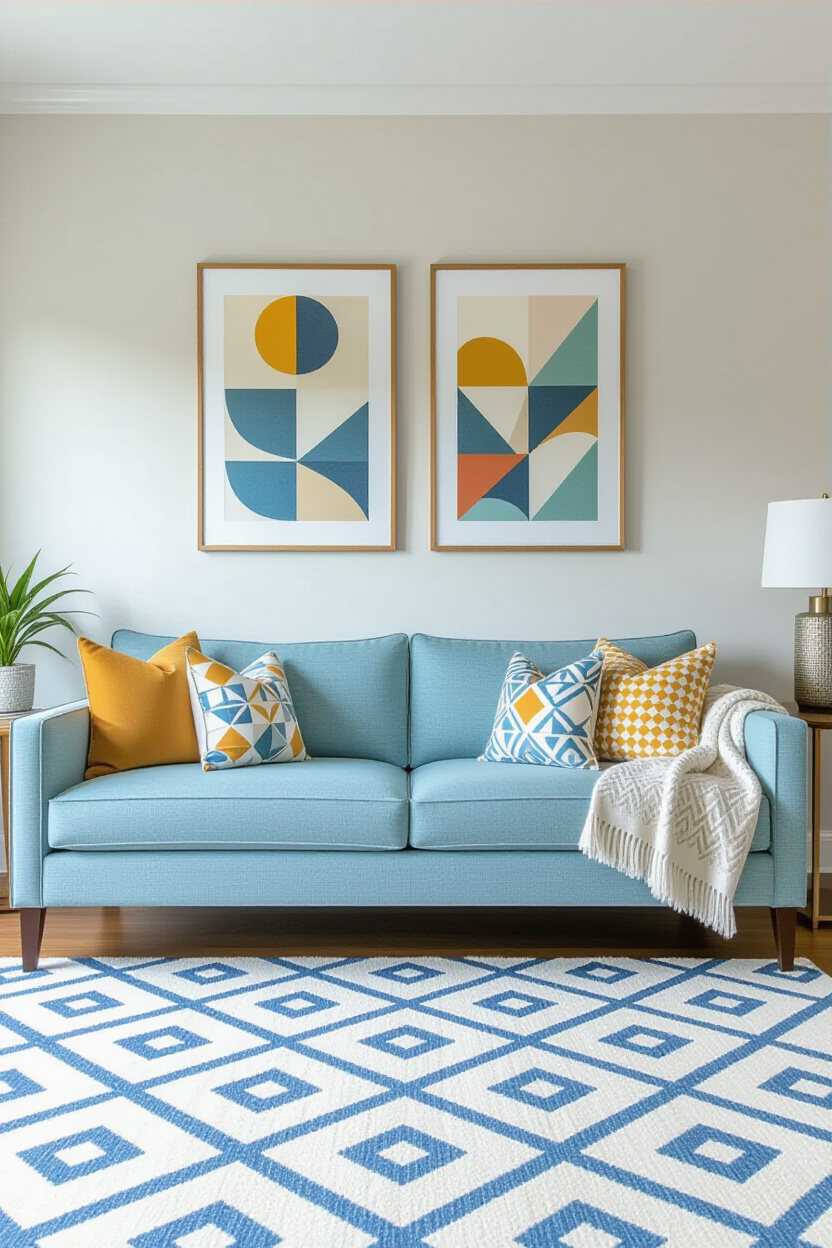 Architectural photography of an empty living room, with a pale blue sofa and patterned throw pillows