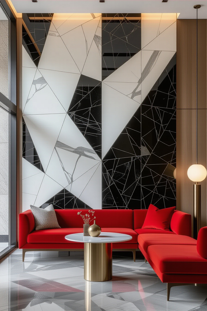 Bold Geometric Tile Living Room Accent Wall