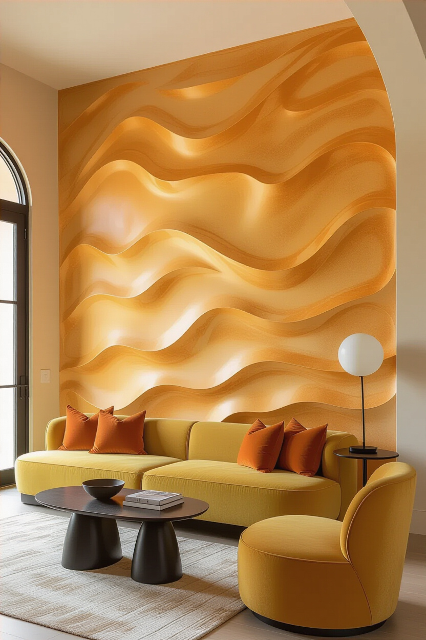 Bold Orange Living Room Textured Accent Wall