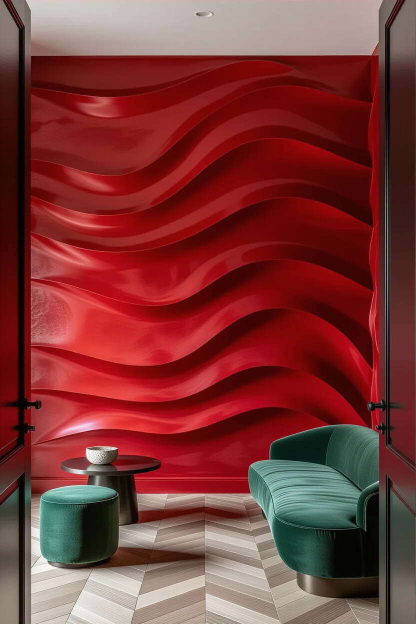 Bold Red Living Room Textured Accent Wall