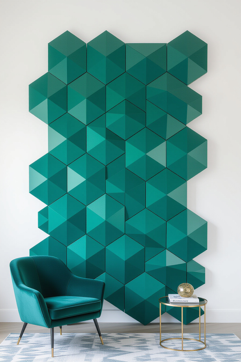 Bold Teal Geometric Living Room Wall Paneling