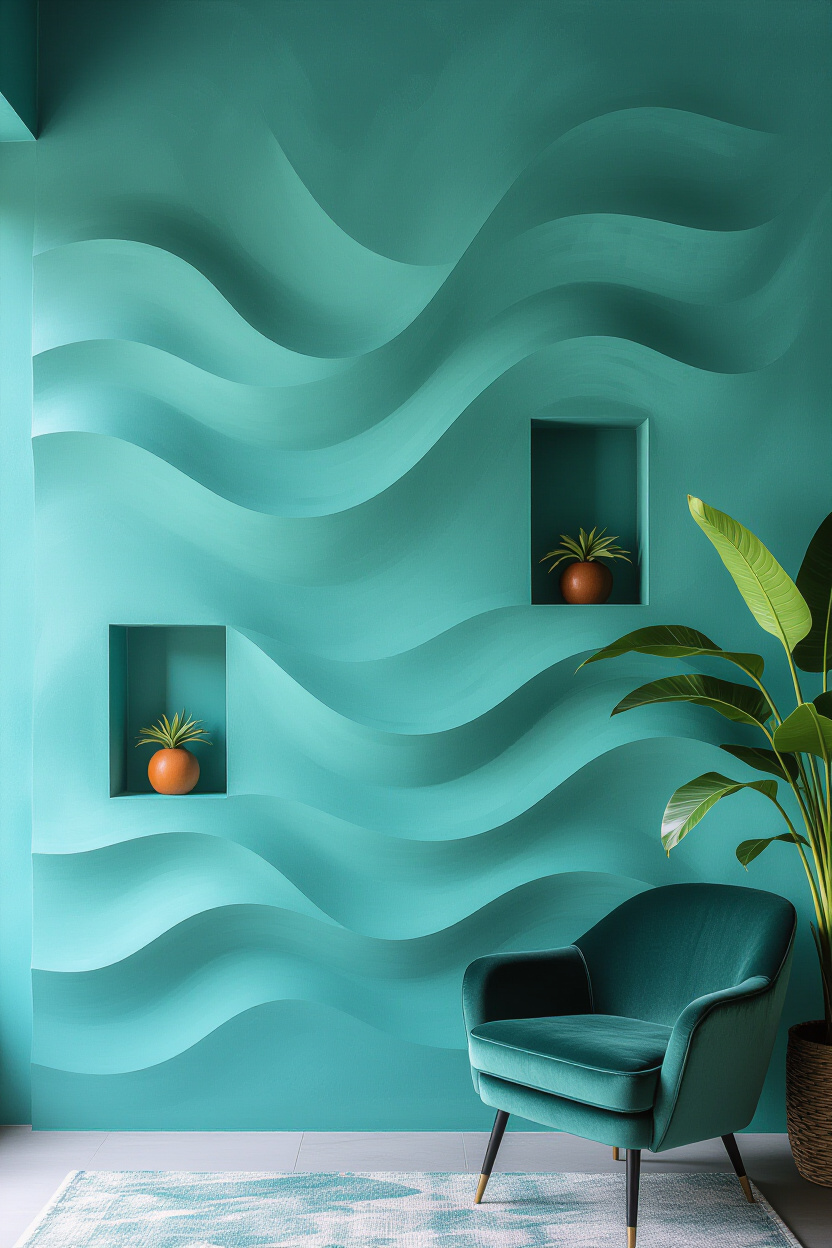 Bold Teal Living Room 3D Accent Wall