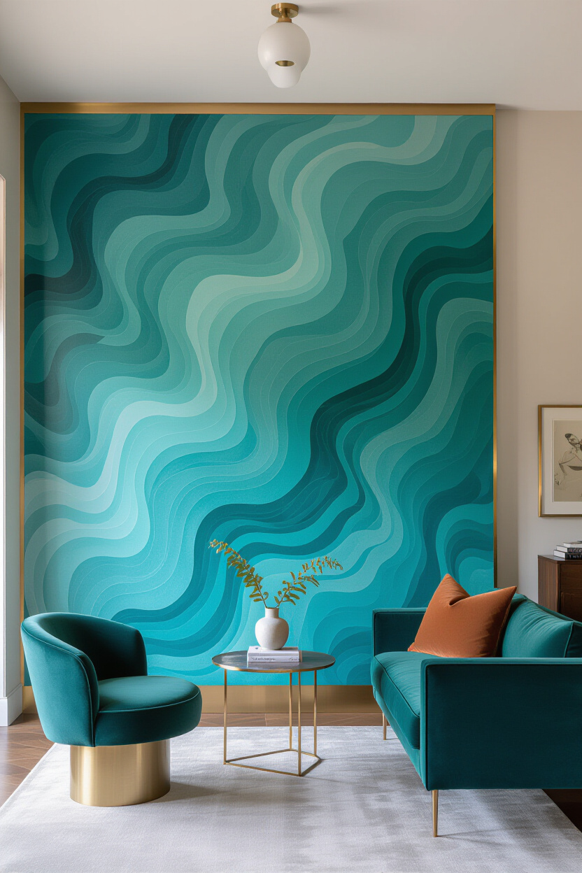 Bold Teal Living Room Accent Wall