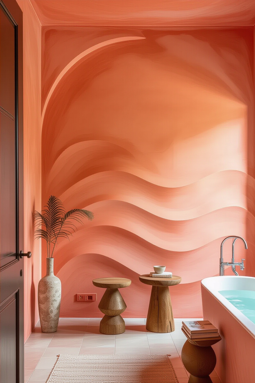 Bright Coral Accent Living Room Statement Wall