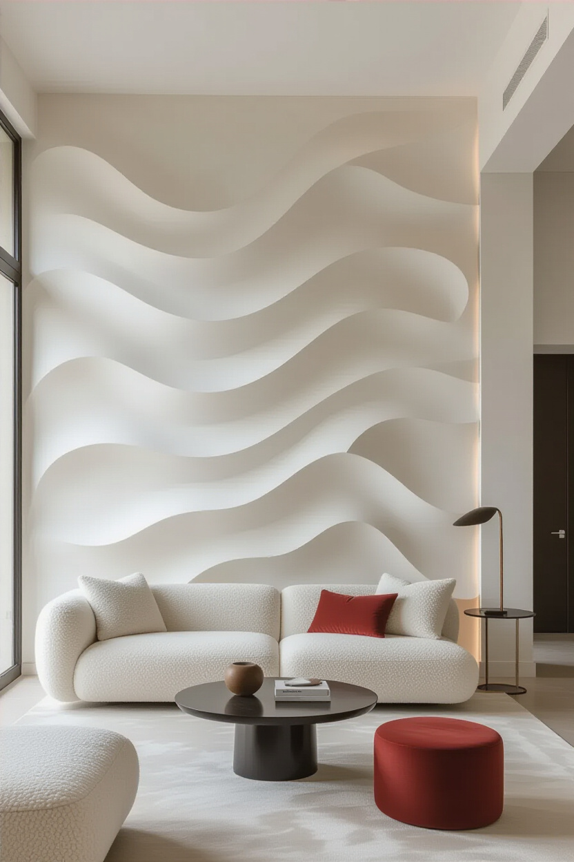 Bright White Living Room Textured Accent Wall