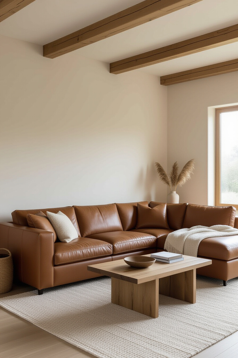 Architectural photography of an empty, cozy living room featuring a brown leather sectional. Warm li