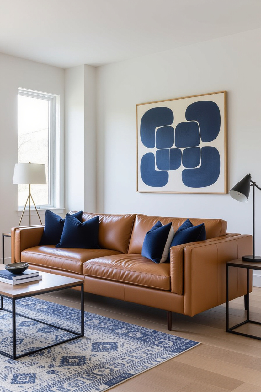 Brown Leather Couch Living Room Decor Navy Blue: A Striking Contrast