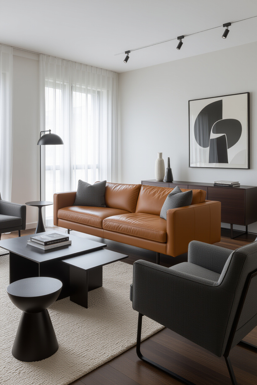 Brown Leather Couch Living Room Modern: Contemporary Accents