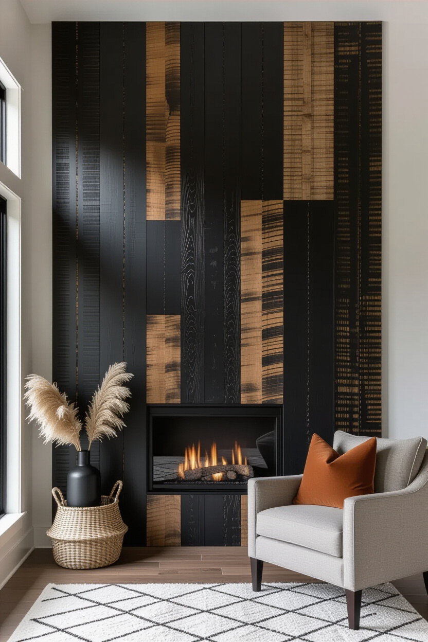 Charcoal Black Living Room Wood Wall