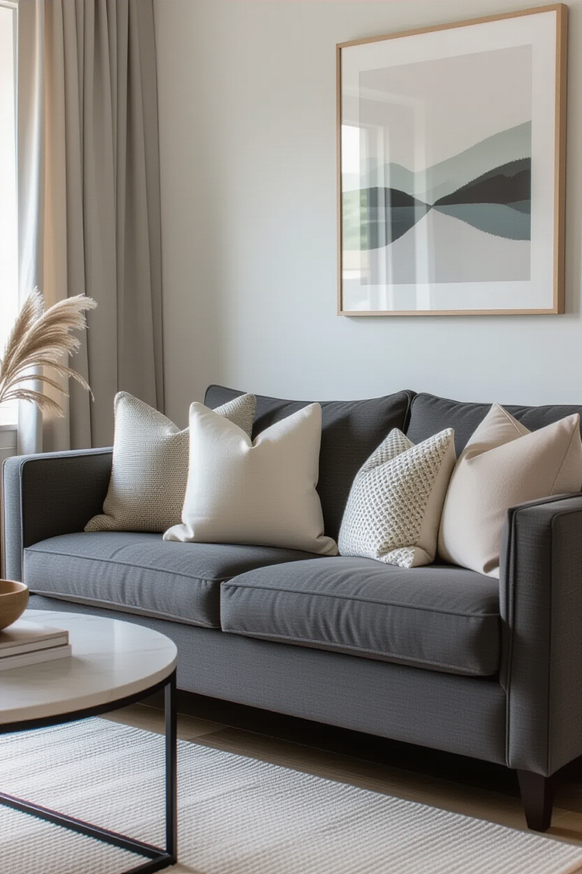 Architectural photography of an empty living room featuring a charcoal grey sofa adorned with a care