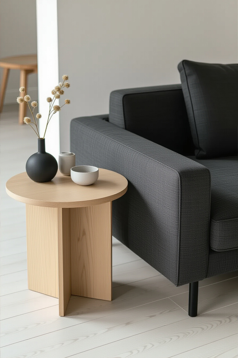 Architectural photography of an empty, minimalist living room with a charcoal grey sofa. Focus on a