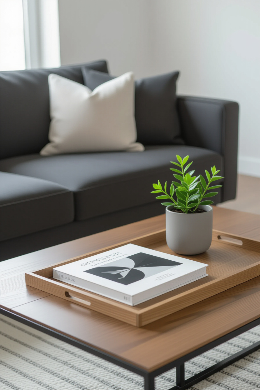 Architectural photography of an empty, minimalist living room coffee table positioned in front of a