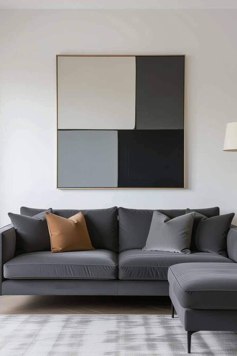 Architectural photography of an empty living room wall above a charcoal grey sofa. A single, large a