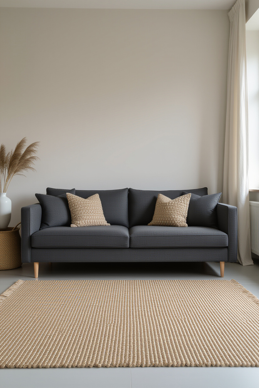 Architectural photography of an empty living room floor area in front of a charcoal grey sofa. A lar