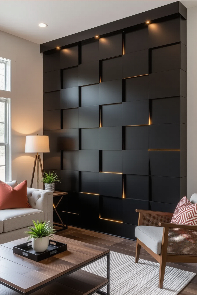 Chic Black Living Room 3D Accent Wall