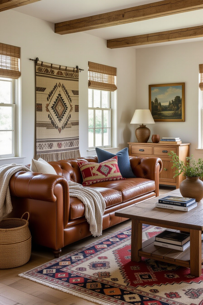 Cognac Couch Living Room Ideas: Bohemian & Farmhouse Charm