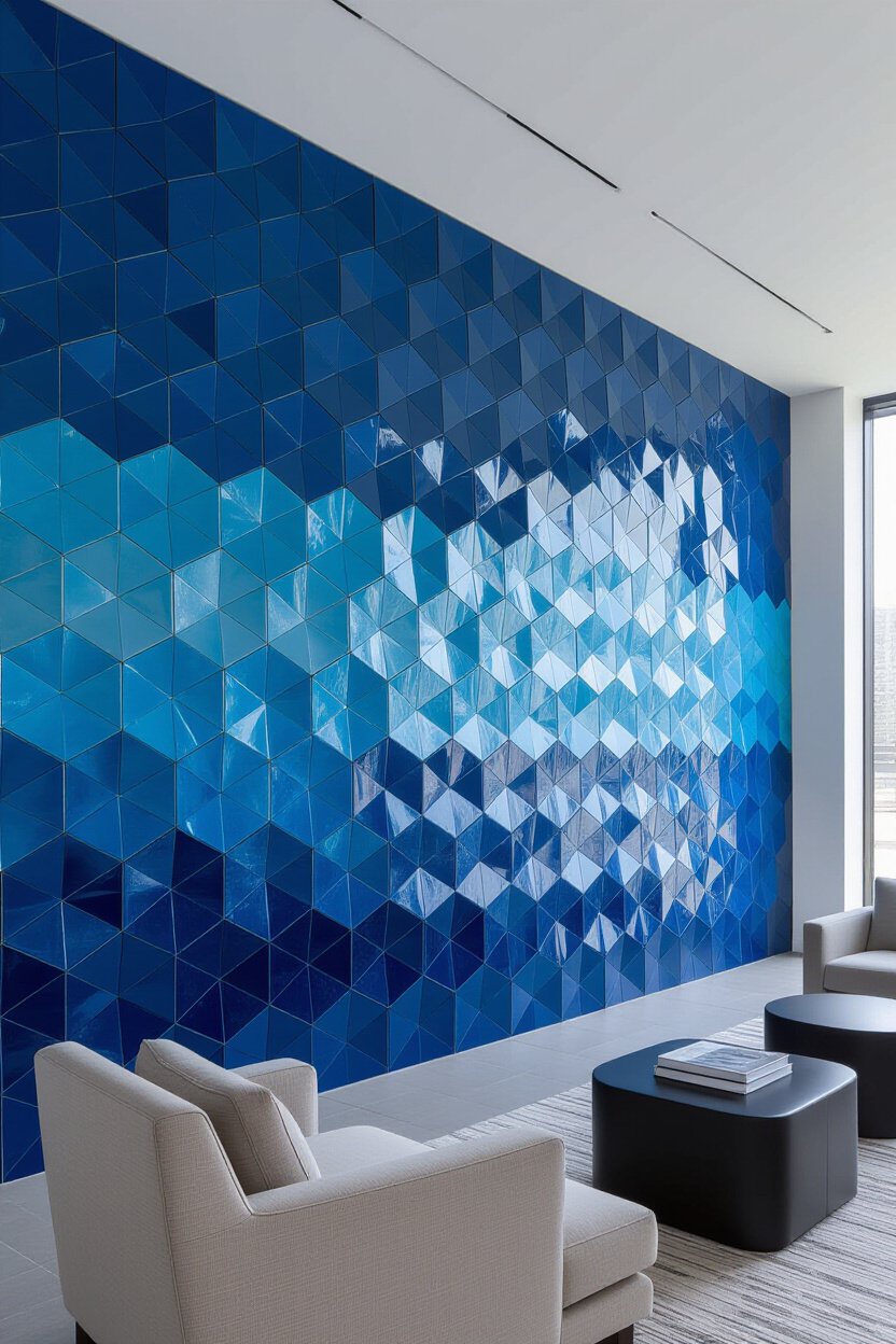 Cool Blue Ceramic Living Room Wall Paneling