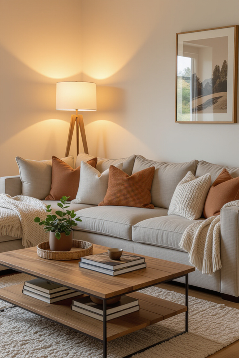 A cozy living room with a plush, sectional sofa in a warm neutral fabric. Soft, scatter cushions in
