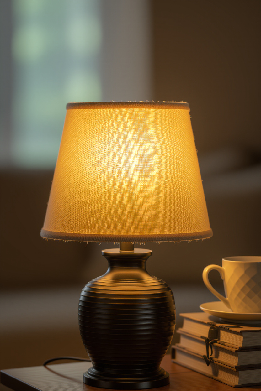 A close-up shot of a vintage-style table lamp with a textured linen shade, casting a soft, golden li