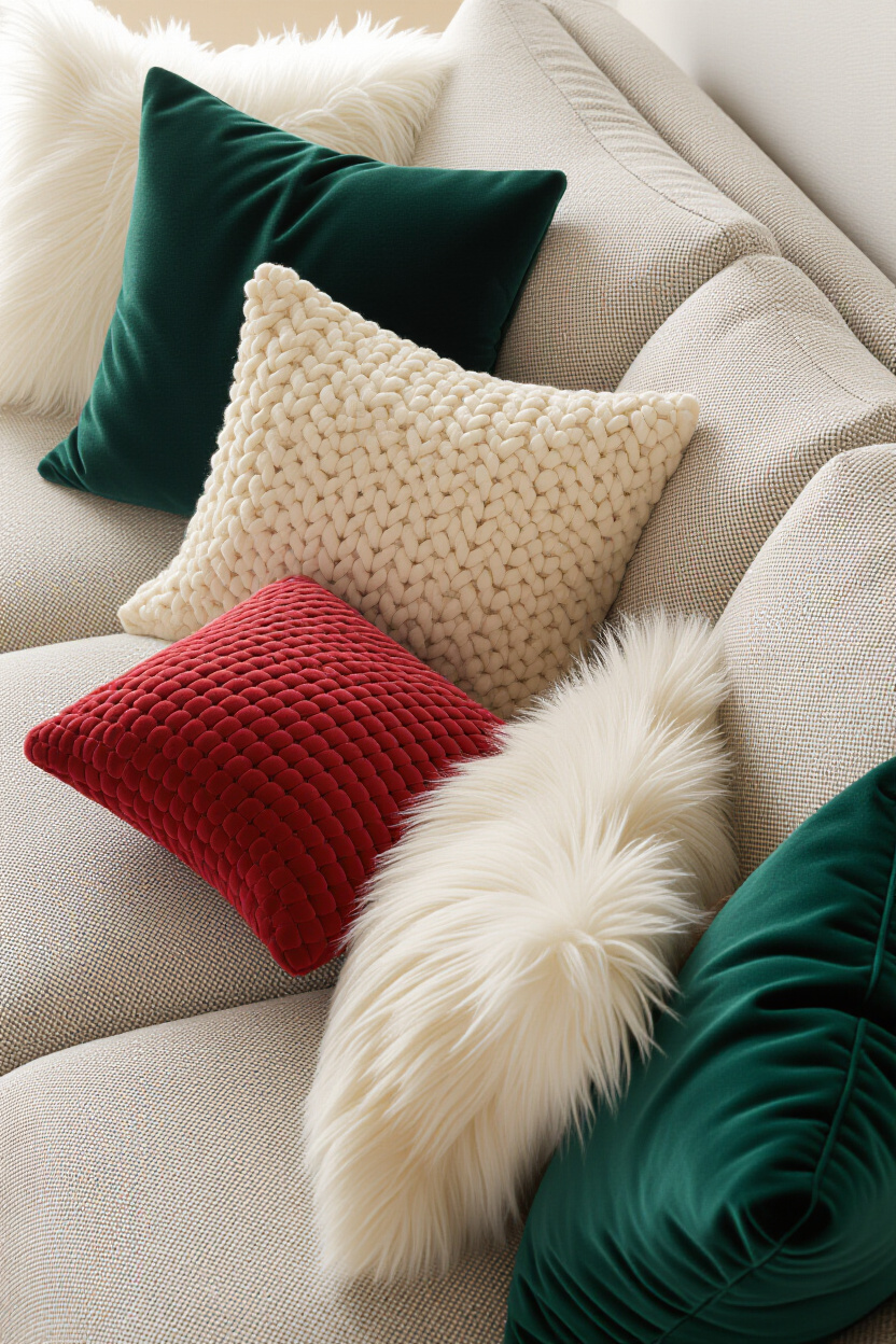 A close-up, overhead view of a variety of throw pillows on a sofa. Pillows are in different textures