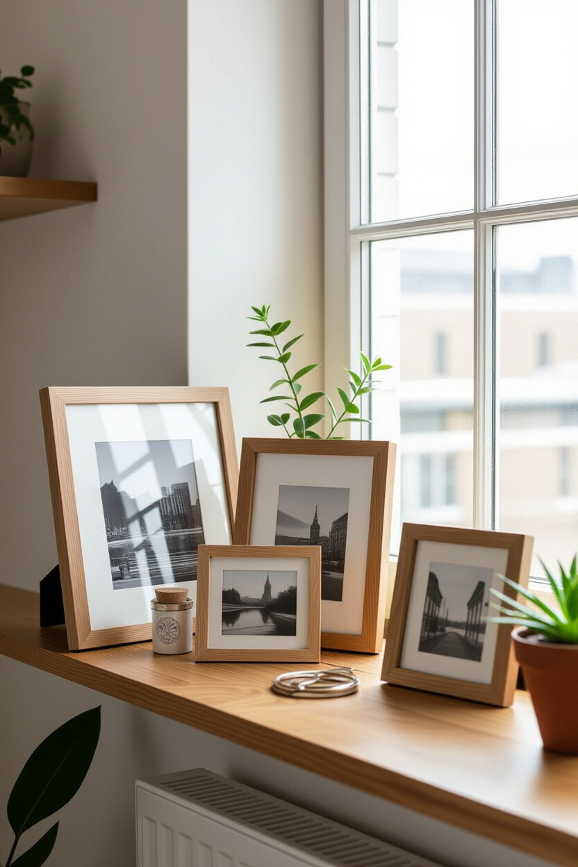 A collection of framed photographs and small trinkets displayed on a wooden shelf. Natural light str