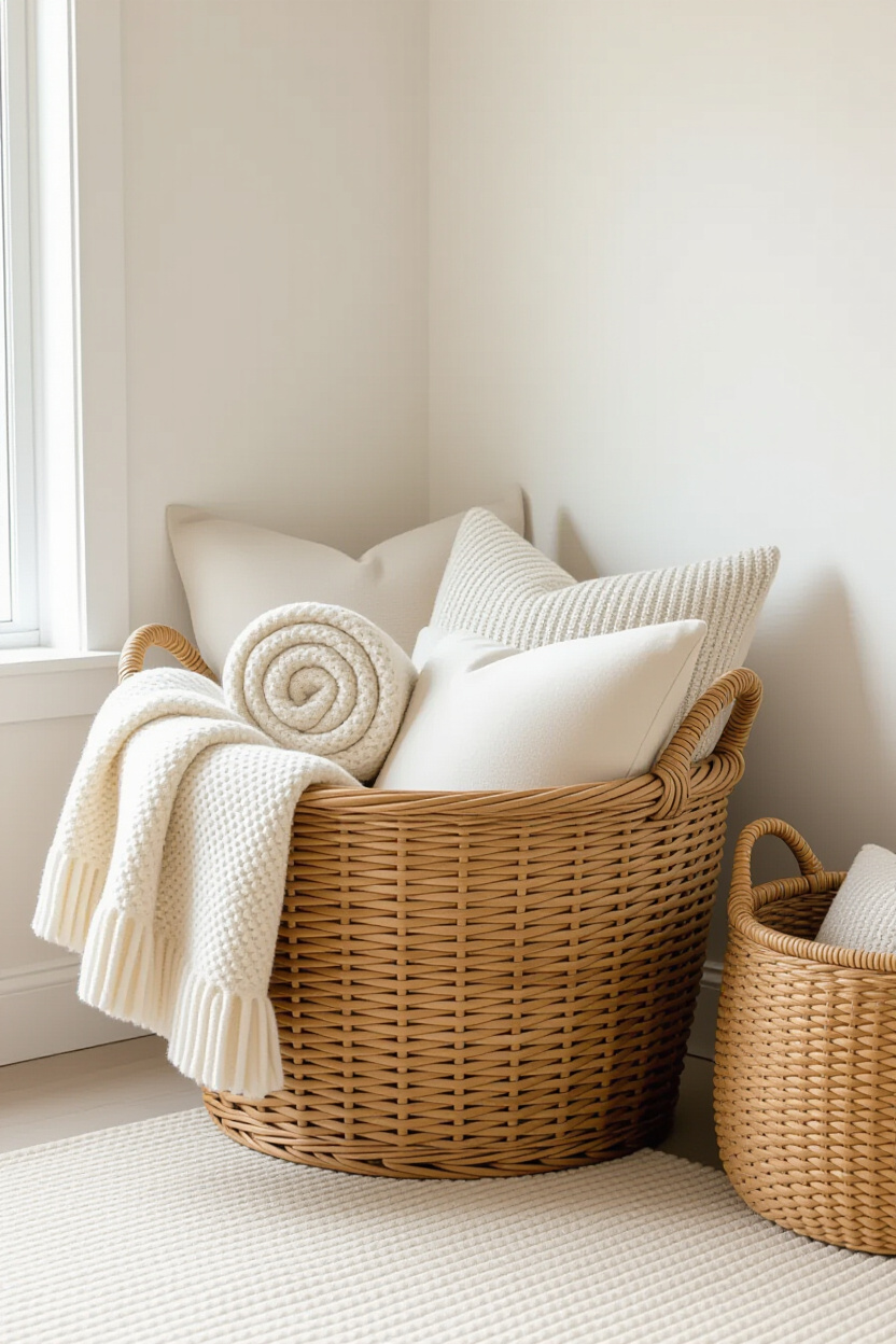 A stylish wicker basket overflowing with soft, rolled-up blankets and extra throw pillows, placed ne