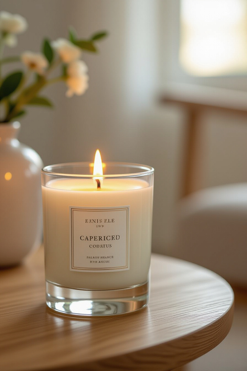A close-up of a flickering scented candle on a wooden side table, with a soft focus on the gentle fl