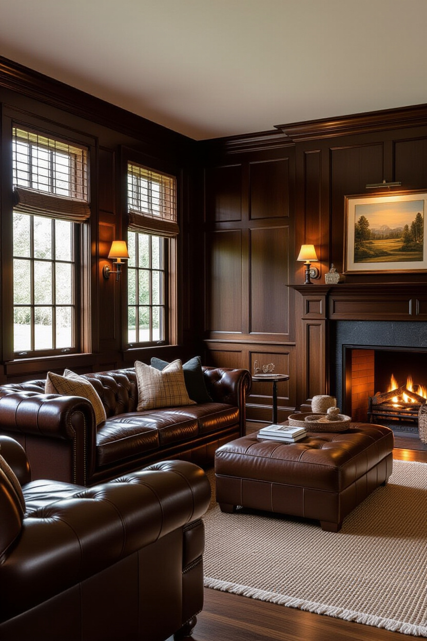 Cozy Dark Wood Living Room: Rich and Inviting