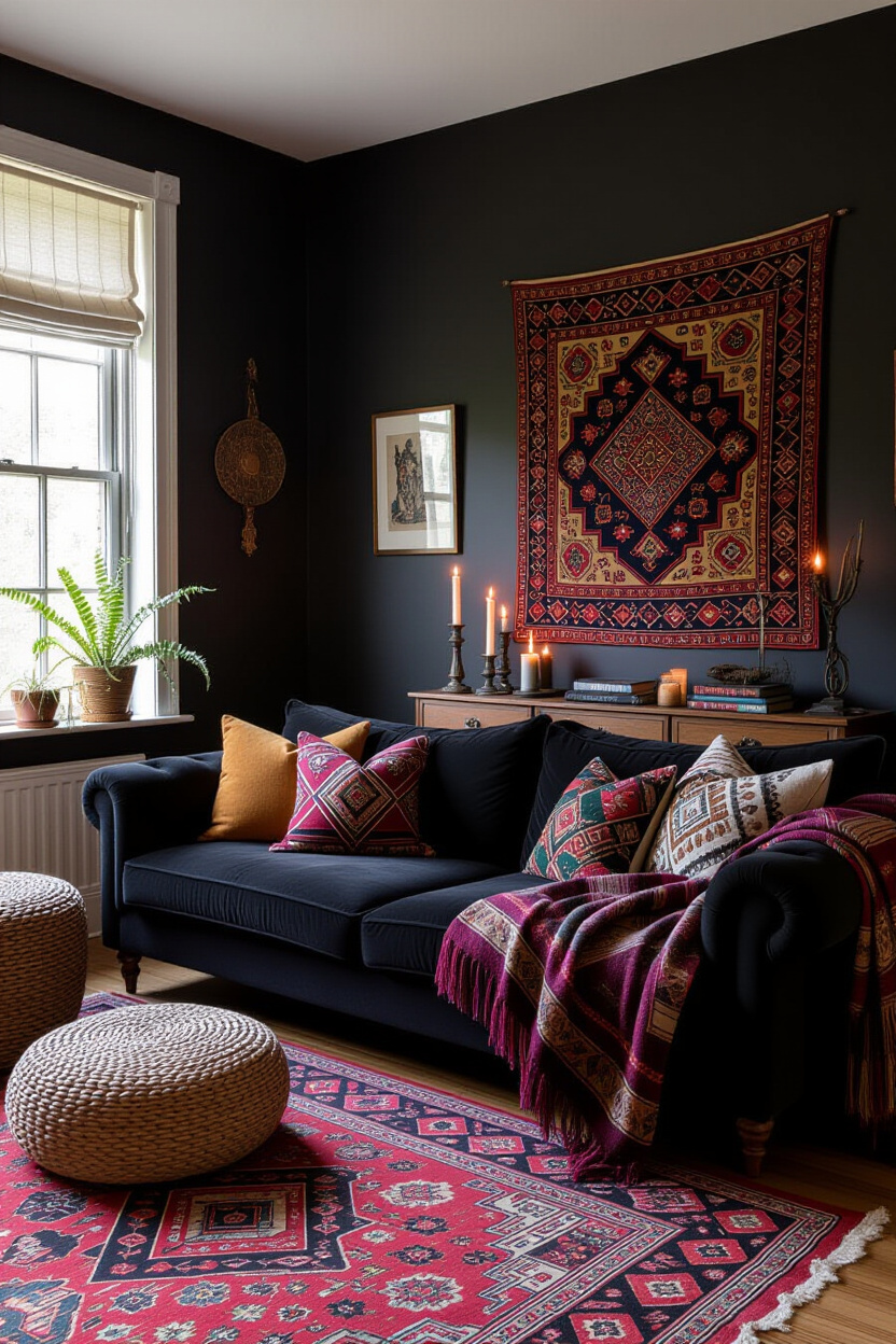 Dark Bohemian Living Room: Styling a Black Couch