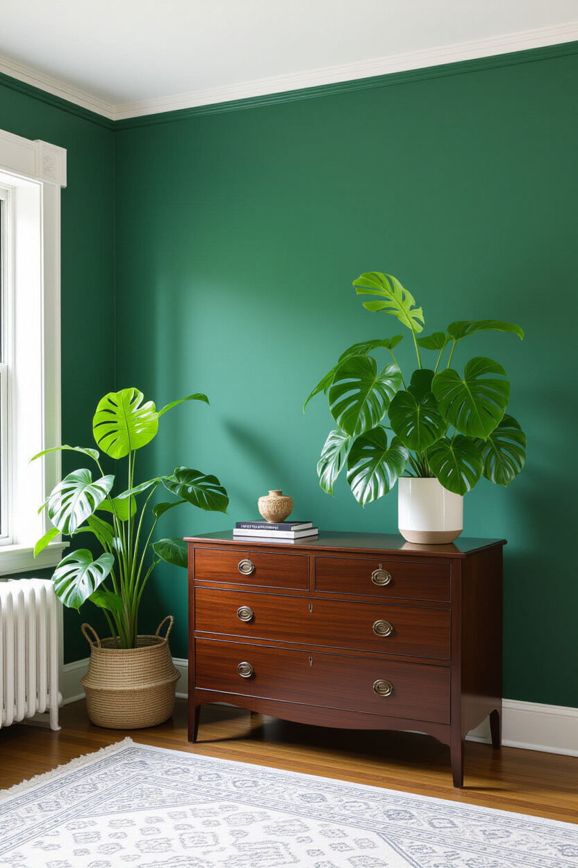 Architectural photography of an empty room showcasing deep emerald green walls, a dark wood antique