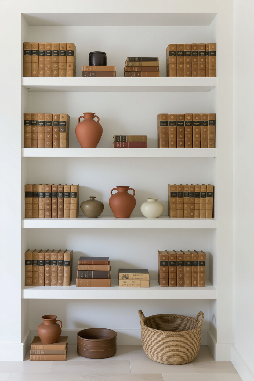 Architectural photography of an empty room with a shelf displaying a curated collection of vintage b