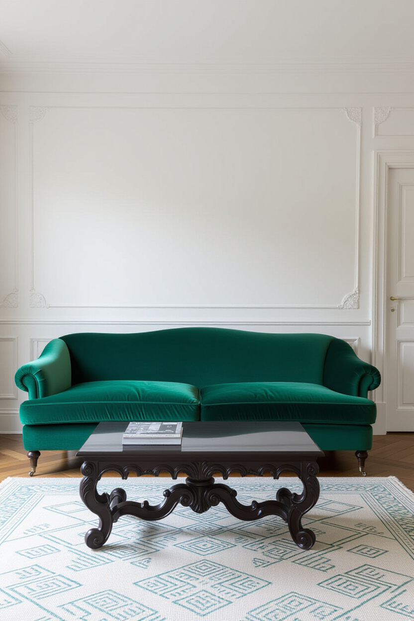 Architectural photography of an empty room featuring a deep emerald velvet sofa and a dark, ornately