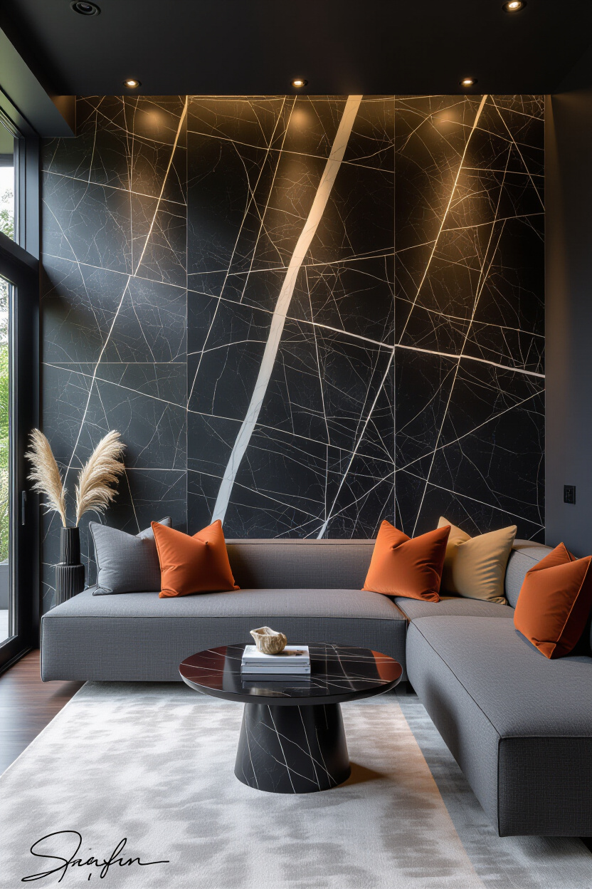 Dark Charcoal Living Room 3D Accent Wall