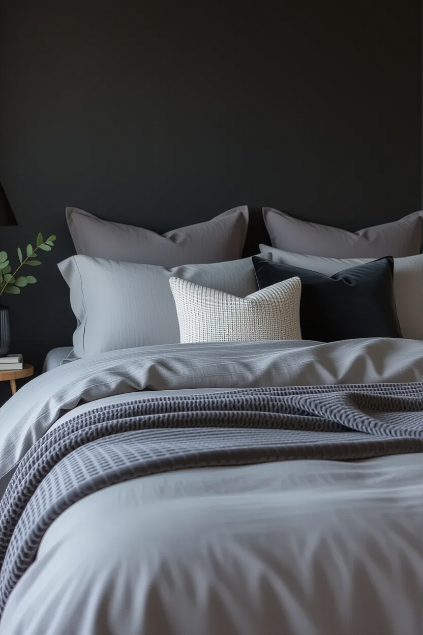 A close-up shot of a bed in a dark modern bedroom, focusing on the layered bedding. The textures are