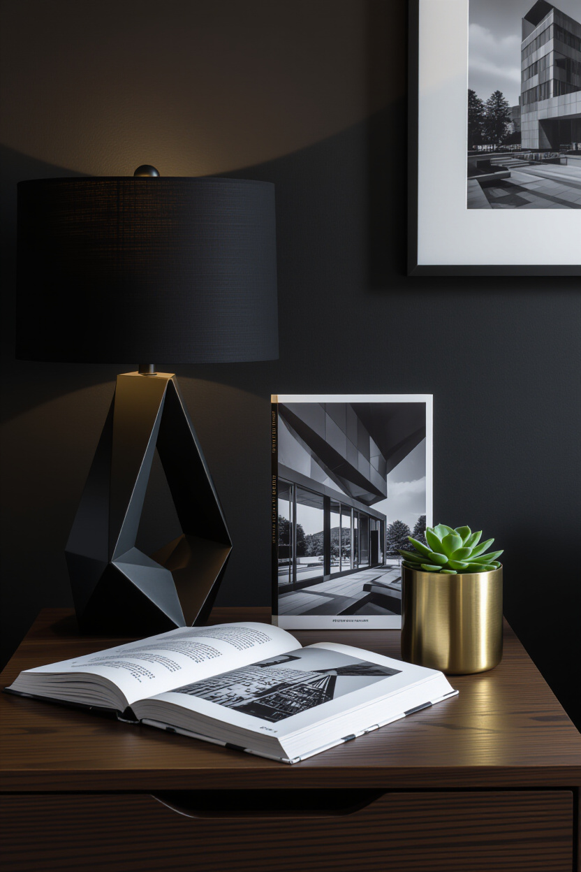 A minimalist dark wood nightstand in a moody bedroom. On it sits a sleek matte black table lamp with