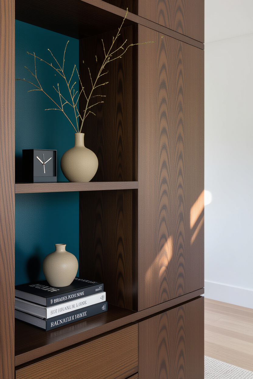 A corner of a modern bedroom featuring a tall, dark wood shelving unit with clean, geometric lines.