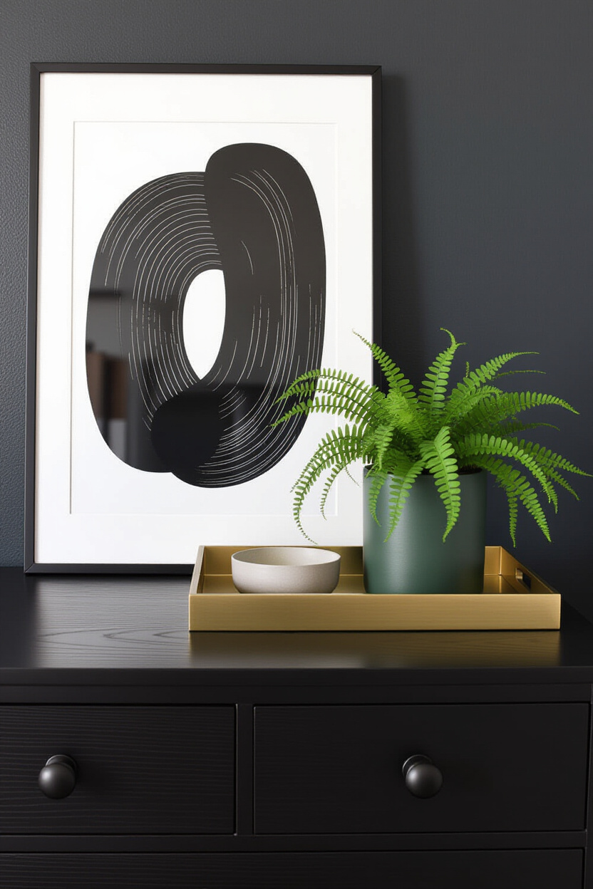 A close-up of a dark, minimalist dresser with matte black drawer pulls. On top, a brushed brass tray