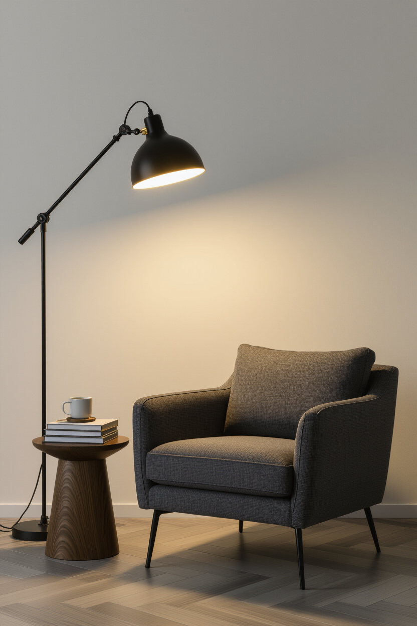 A dimly lit modern bedroom corner. A sleek, black metal floor lamp with an exposed bulb casts a warm