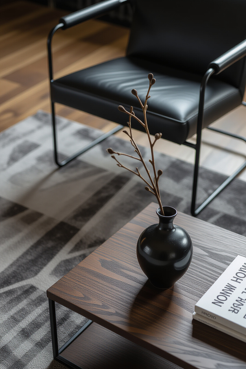A close-up of a luxurious dark bedroom corner. A plush, dark charcoal rug with a subtle geometric pa