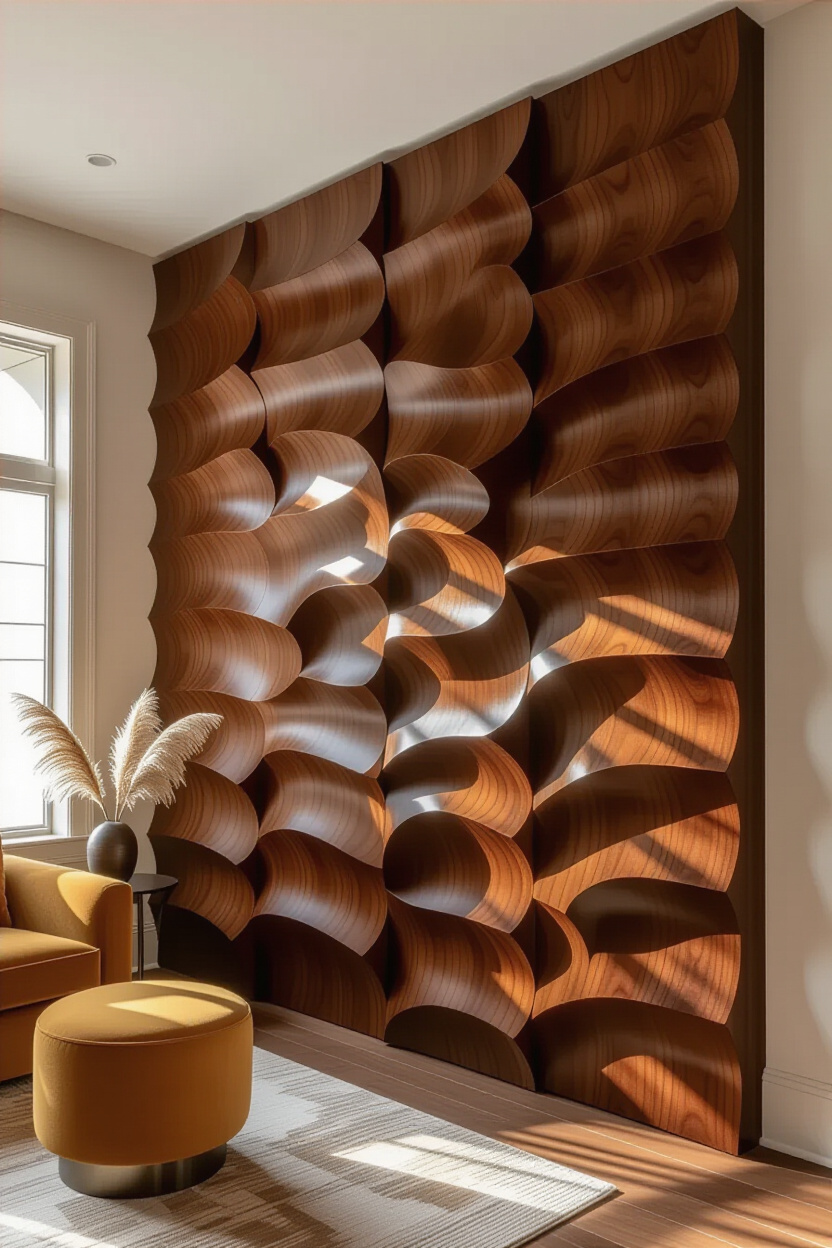 Dark Walnut Wood Paneled Living Room Statement Wall