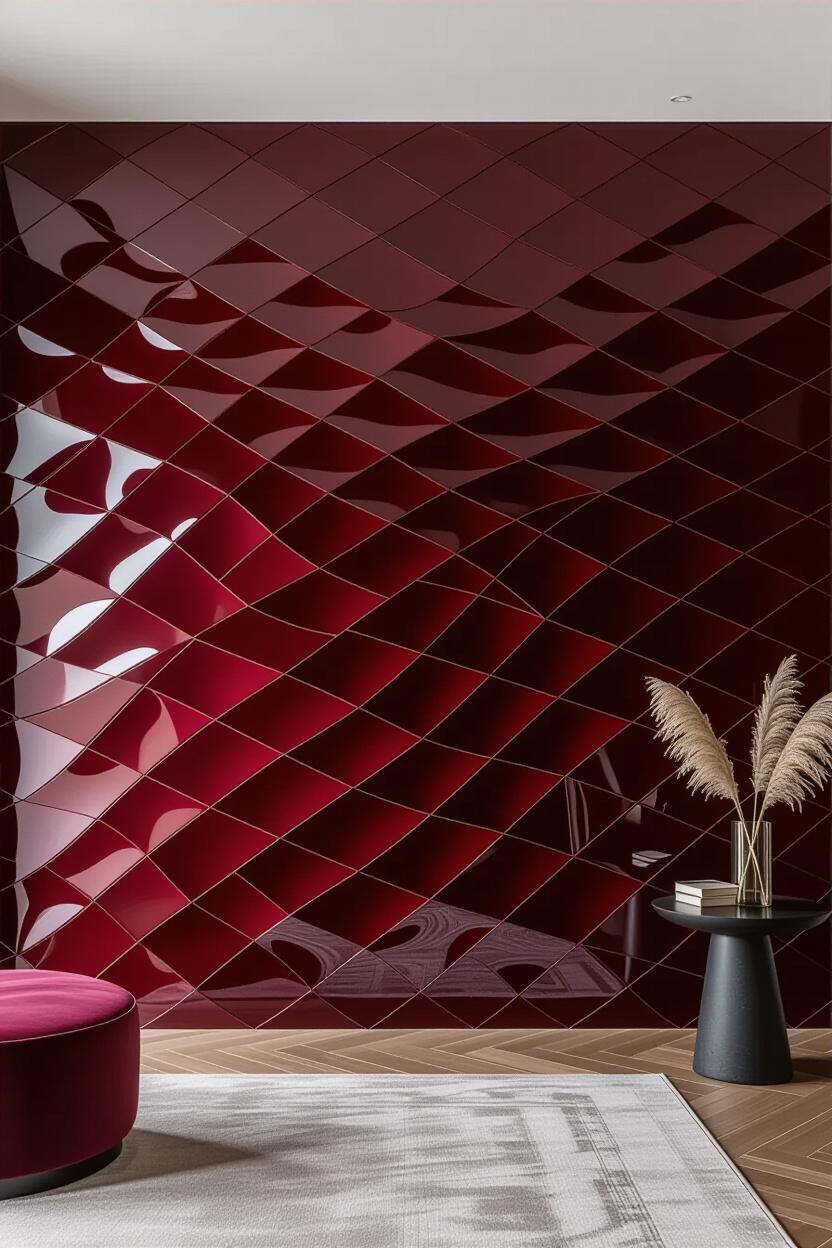 Deep Burgundy Living Room 3D Accent Wall