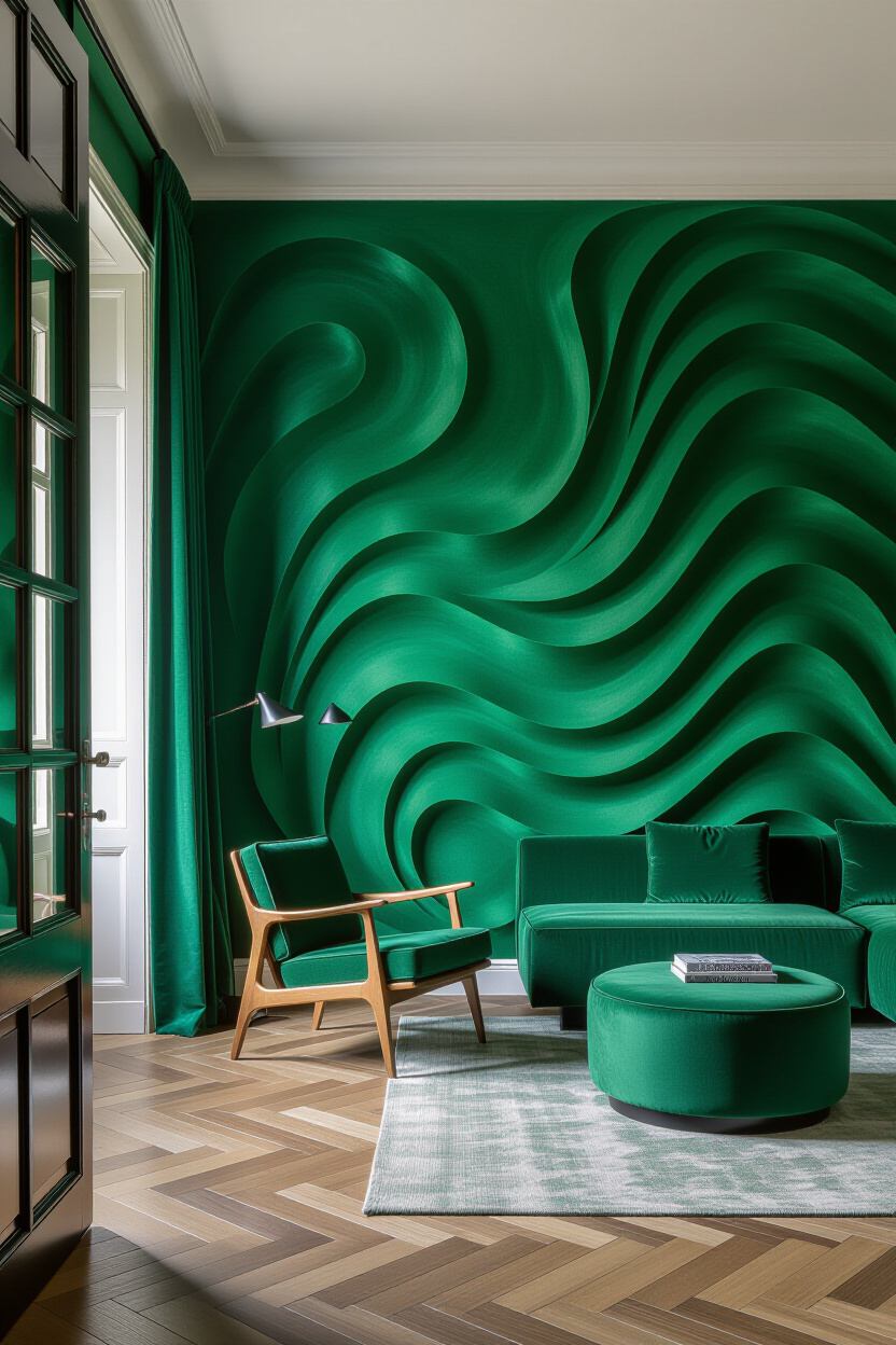 Deep Emerald Living Room Textured Accent Wall