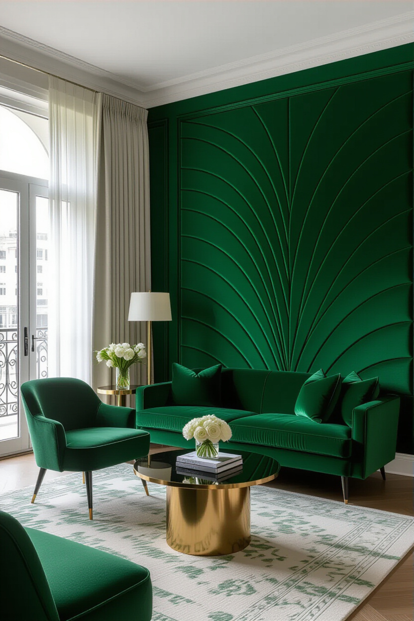 Deep Emerald Velvet Living Room Accent Wall