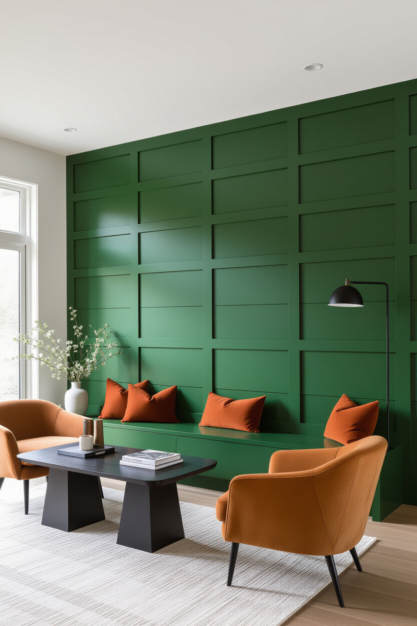 Deep Green Living Room Wood Wall