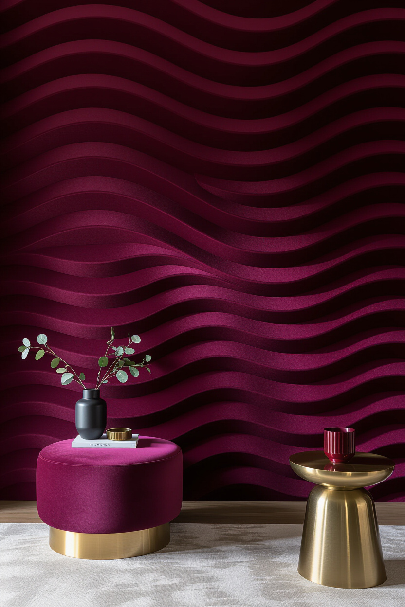 Deep Plum Velvet Living Room Wall Paneling